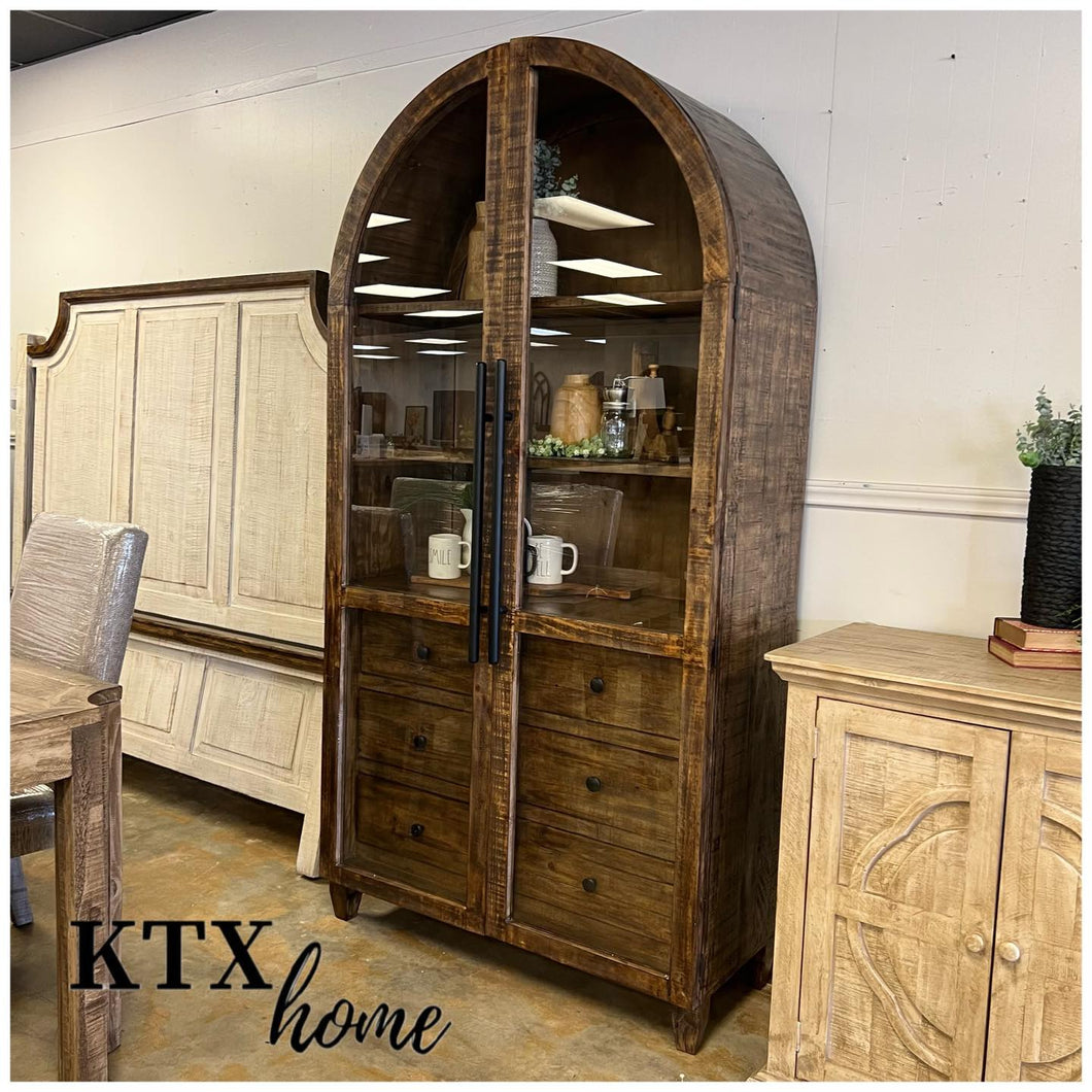 4945 - arched top vitrine with dwrs pecan